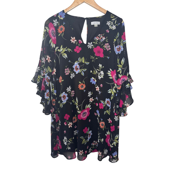 Calvin Klein Dress Women 10 Chiffon Floral Print Bell Sleeve Fairy Spring Party - Picture 1 of 8